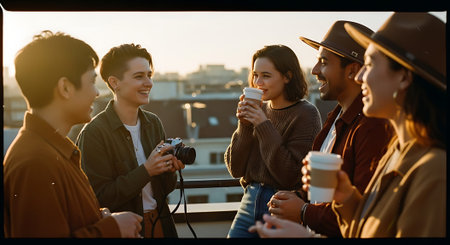 A group of young friends enjoying coffee and conversation on a rooftop during sunsetの素材