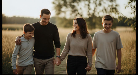 A happy family of four walking hand in hand through a serene field at sunsetの素材