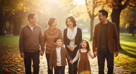 A multi-generational family walking together in a park during autumnの素材