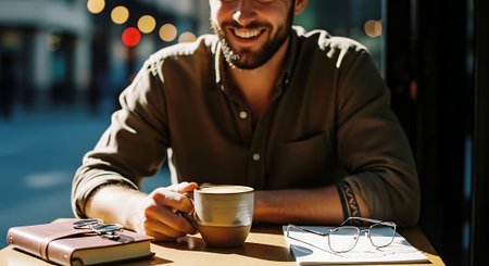 A smiling man enjoying a cup of coffee at a table with a notebook and glassesの素材