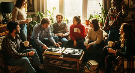 A group of friends gathered around a record player in a cozy living room with plants and a window in the background.の素材