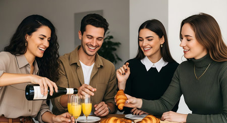 Four friends enjoying a delicious breakfast together with orange juice and croissantsの素材