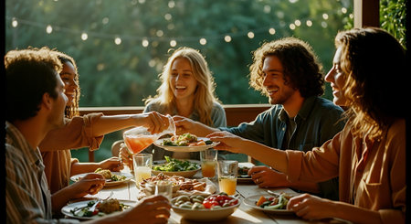A group of friends enjoying a meal together at a dinner table with a beautiful outdoor view.の素材