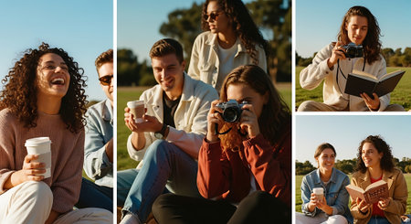 A group of young adults enjoying a sunny day outdoors in a park with coffee and booksの素材