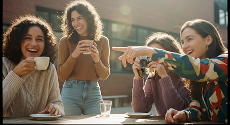 Four young women laughing and chatting over coffee at a table outdoorsの素材