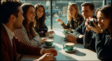 A group of friends enjoying coffee and conversation at a modern cafeの素材