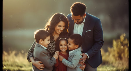 A happy family of five standing together in a field at sunsetの素材