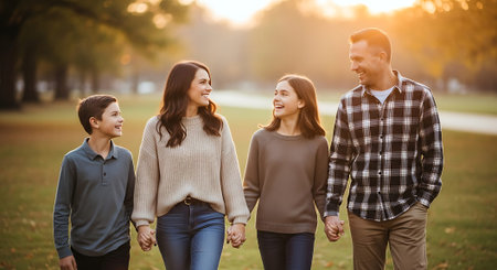 A happy family of four walking hand in hand through a park on a sunny dayの素材