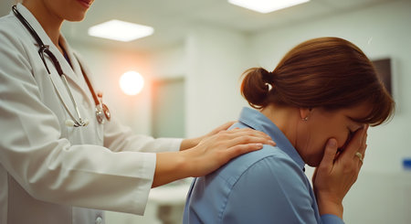 A compassionate doctor comforting a worried patient in a clinical settingの素材