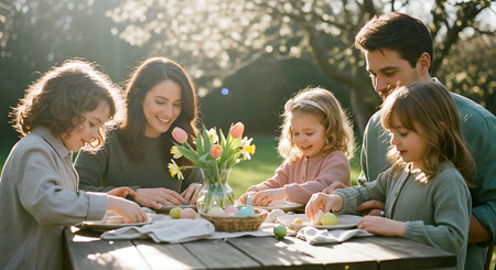 A happy family of five decorating Easter eggs together outdoors on a sunny dayの素材