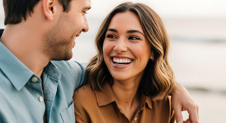 A happy couple smiling at each other on a sunny day outdoorsの素材