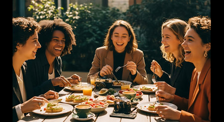 A group of happy women enjoying a meal together at an outdoor tableの素材