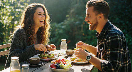 A happy couple enjoying a meal together outdoors on a sunny dayの素材