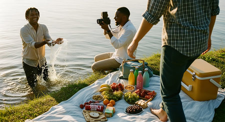 Three friends enjoying a picnic by the lake with a photographer capturing memoriesの素材