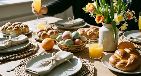 A beautifully set Easter table with food and flowersの素材