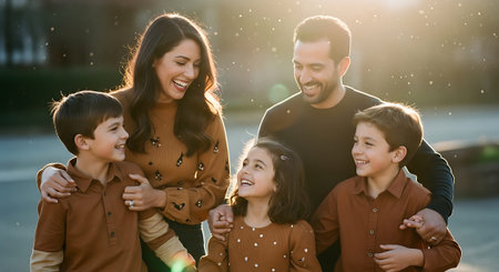 A happy family of five smiling and enjoying quality time together outdoors during a beautiful sunny day.の素材