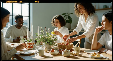 A group of friends and family enjoying a meal together at a table with food and flowersの素材