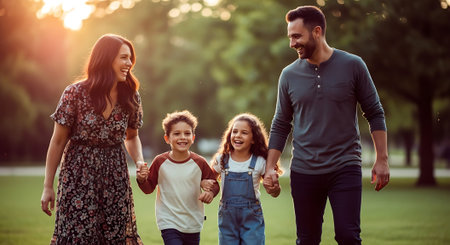 A happy family of four walking hand in hand through a beautiful park on a sunny dayの素材