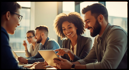 A diverse group of colleagues collaborating and smiling in a modern office settingの素材