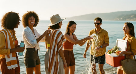 A group of friends enjoying a beach picnic on a sunny dayの素材
