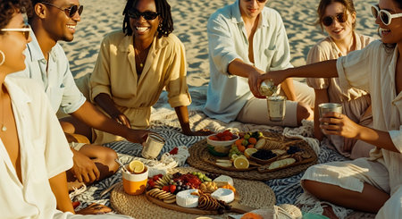 A group of friends enjoying a beach picnic with food and drinks on a sunny dayの素材