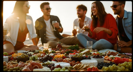 A group of friends enjoying a charcuterie board and wine outdoors during sunsetの素材