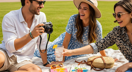Group of friends having fun on a picnic in the park.They are sitting on the grass and smilingの素材