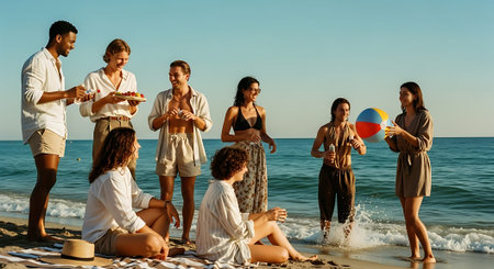 Group of happy friends having fun on the beach, drinking beer and eating pizzaの素材