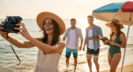 Group of friends having fun on the beach, taking photos with a cameraの素材