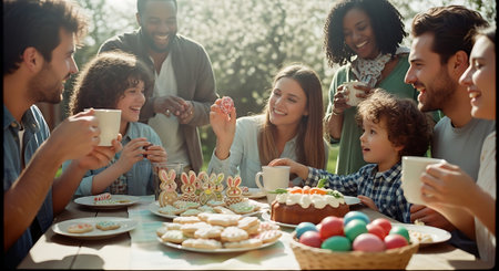 Group of multiethnic friends having fun on birthday party, drinking coffee and eating cakesの素材