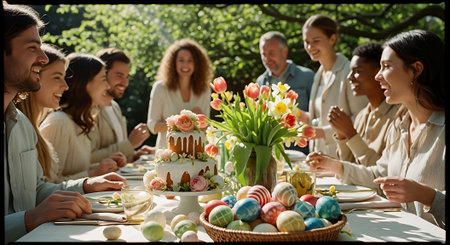 A group of people gathered around a table for an Easter celebration with cake and colorful eggsの素材