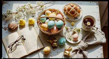 A beautifully arranged Easter breakfast table with pastel colored eggs and spring flowersの素材