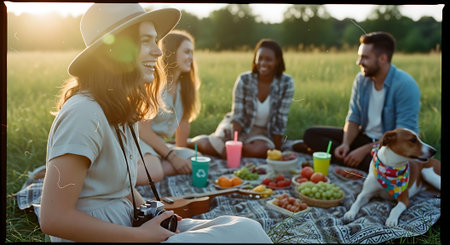 Group of young people having picnic in the field at sunset. Selective focus.の素材