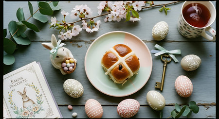 Easter cross buns and cup of tea on wooden background.の素材