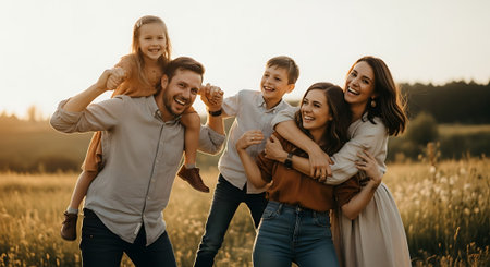 Happy family having fun outdoors. Mother, father and children having fun together.の素材