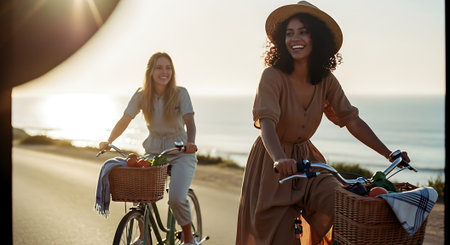 Portrait of smiling young women with bicycles on the road at sunsetの素材