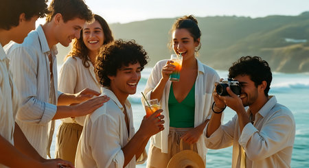 Group of friends having fun on the beach, drinking cocktails and having funの素材