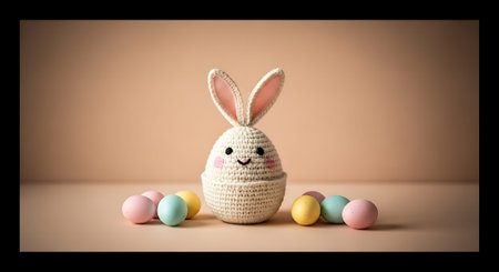 A crocheted Easter bunny toy surrounded by colorful eggs on a pastel backgroundの素材