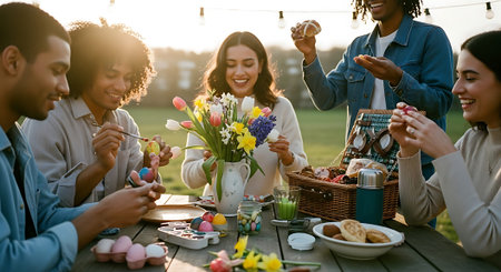Group of happy friends having fun together while celebrating easter outdoors.の素材