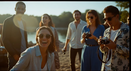 Group of friends taking photos with camera on the beach in summer.の素材