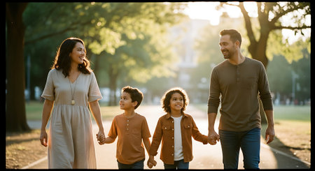 A happy family of four walking hand in hand on a sunny day in the parkの素材