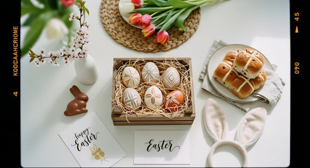 Easter eggs in a wooden box on a white table with tulipsの素材