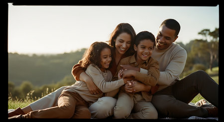 Portrait of happy family sitting on grass in park on a sunny dayの素材