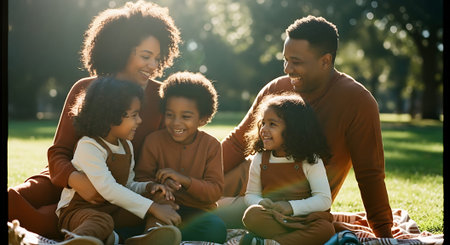 Happy african american family spending time together in the park on a sunny dayの素材
