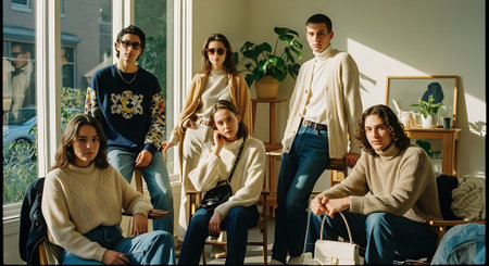 A group of young adults posing together in a bright and modern living room with large windows.の素材