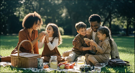 happy multiethnic family eating sandwiches on picnic in park during summerの素材