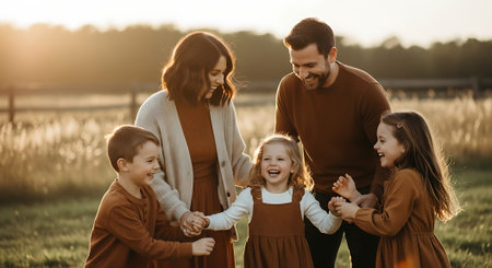 happy family with two little daughters in autumn clothes walking outdoors at sunsetの素材