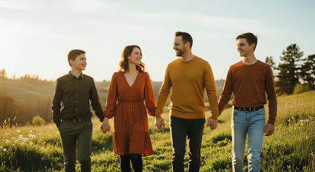 Group of friends holding hands and walking in the field at sunset.の素材