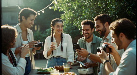 A group of friends enjoying a meal and each other's company outdoors on a sunny dayの素材