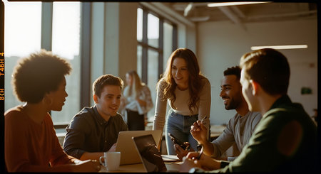 Group of young business people discussing business plan  in the office.の素材